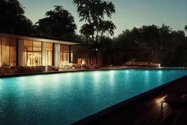 Casa com um piscina de noite. Iluminação para piscina.